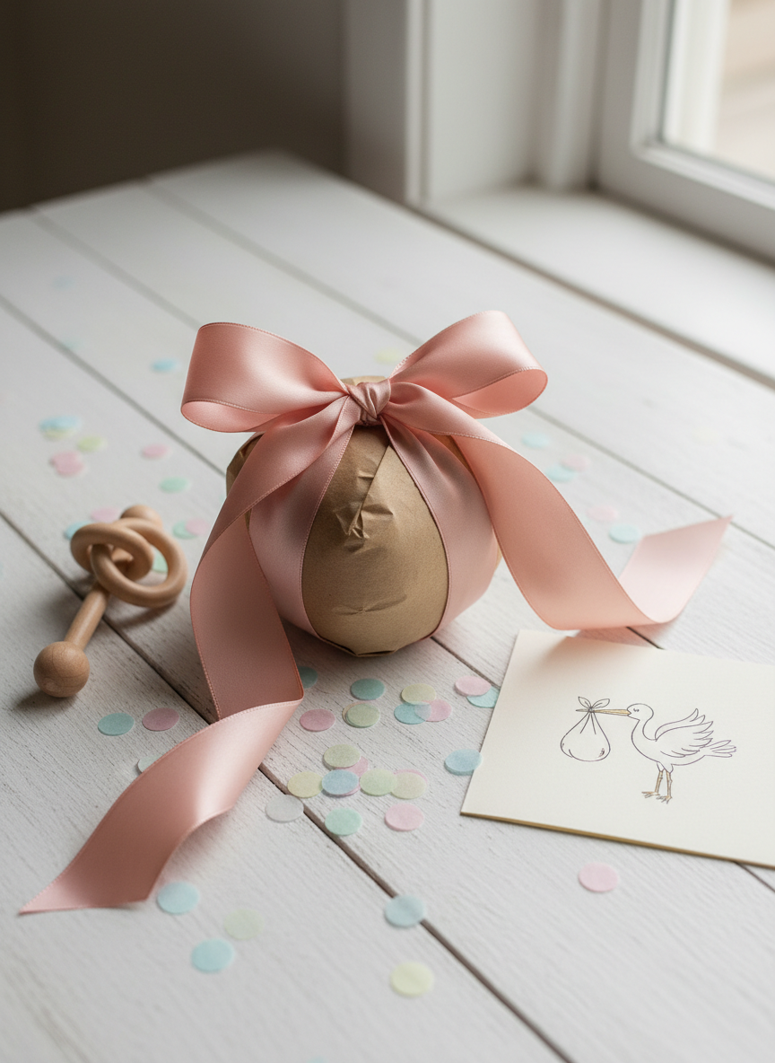 A small, round baby bump-style gift box wrapped in kraft paper is tied with a wide, satin blush ribbon forming an oversized bow, positioned at the center of a white farmhouse table with visible wood grain. Around it are scattered pastel confetti dots, a tiny wooden rattle, and a folded card featuring a simple, hand-drawn stork illustration. Soft, overcast window light falls from the right, casting velvety shadows and subtle reflections on the satin bow. Photographic realism, shot from a slightly elevated angle using the rule of thirds, creates a playful yet intimate mood that suggests community support for a new baby and their family.