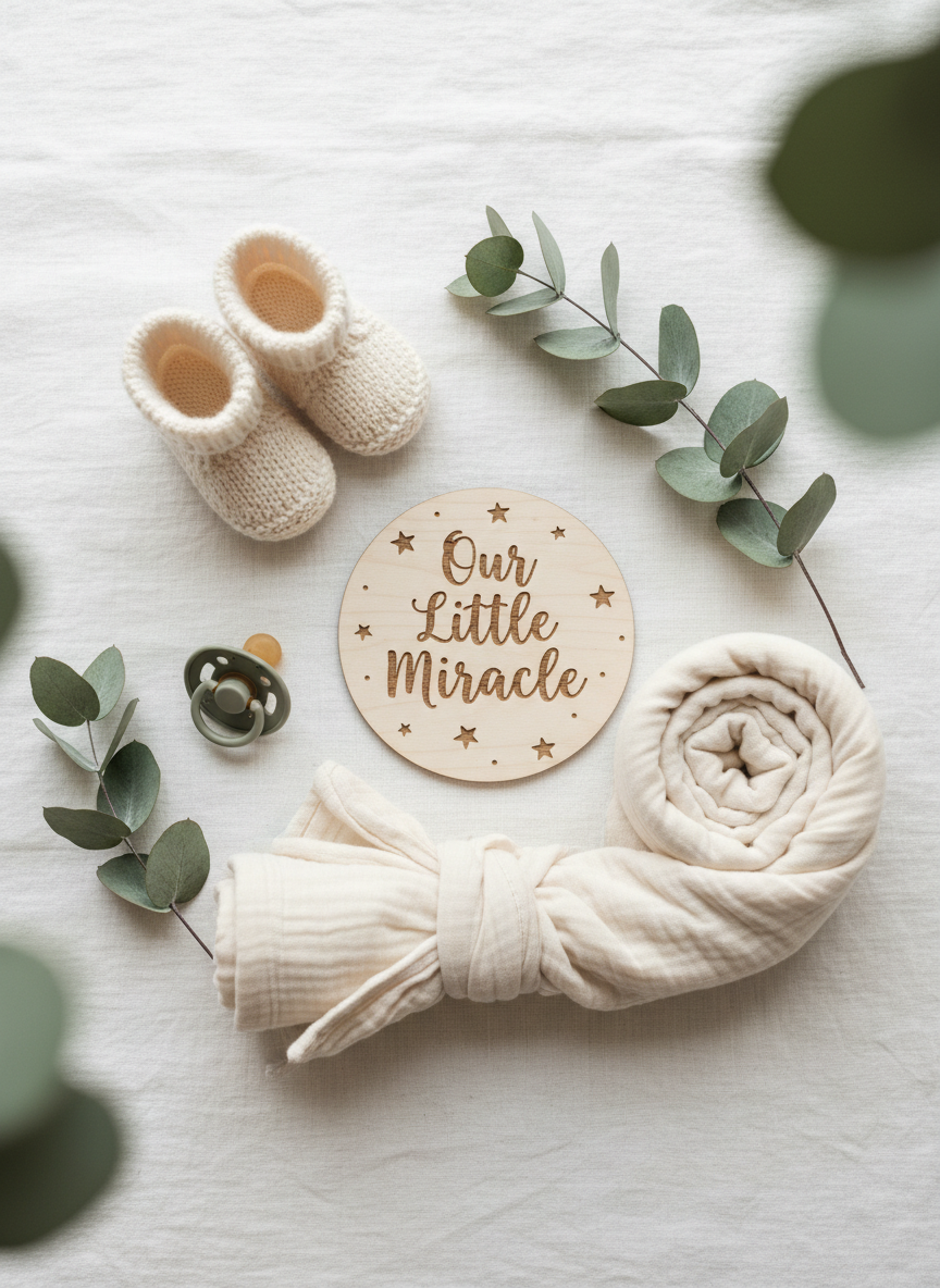 A close-up of a whimsical baby announcement flat lay arranged on a white, linen-textured backdrop. At the center lies a wooden plaque engraved with tiny stars and the words “Our Little Miracle” surrounded by a pair of miniature cream-colored booties, a pacifier in muted sage, and a soft muslin swaddle rolled into a loose spiral. Delicate eucalyptus sprigs curve around the objects. Gentle diffused daylight from above creates tender highlights and almost no harsh shadows. Photographic realism with a top-down, bird’s-eye composition and shallow depth of field creates a playful yet heartfelt atmosphere, perfect for celebrating and supporting a growing baby journey.